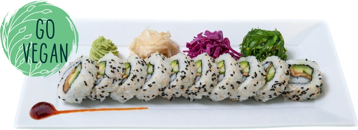 Sushi meny: California Roll (vegansk) Med tofu, gurka, avokado och teriyakisås. Sushi Botkyrka, Sushi Huddinge, Sushi Slagsta, Sushi Strängnäs, Sushi Flemingsberg.