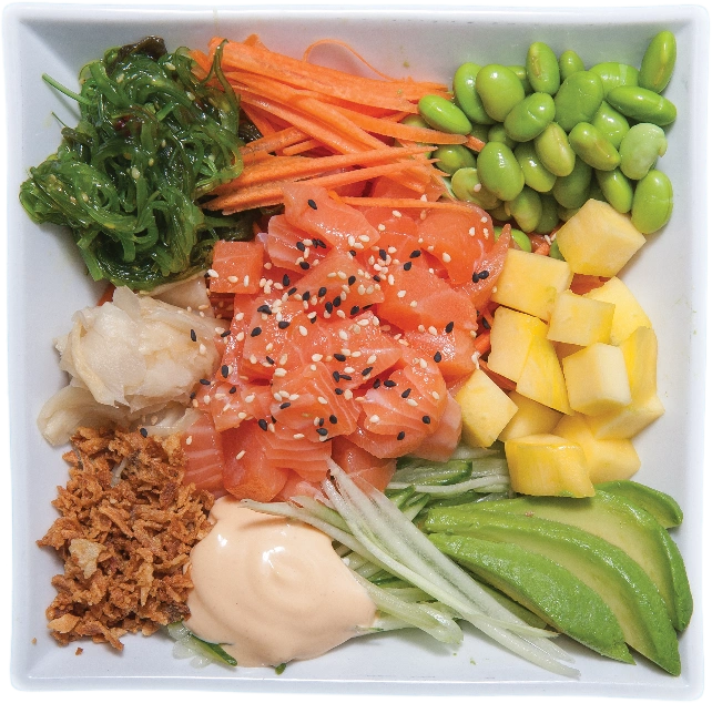 Pokébowl meny: Lax, Serveras med chilimajonnäs. Botkyrka Strängnäs, Slagsta, Huddinge, Botkyrka, Flemingsberg