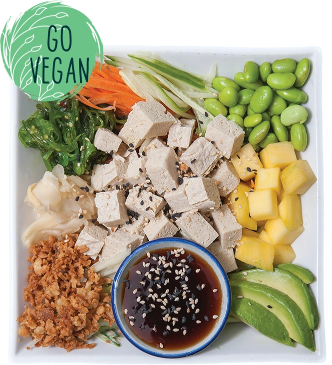 Pokébowl meny: Tofu (vegansk), Serveras med chilimajonnäs. Botkyrka Strängnäs, Slagsta, Huddinge, Botkyrka, Flemingsberg