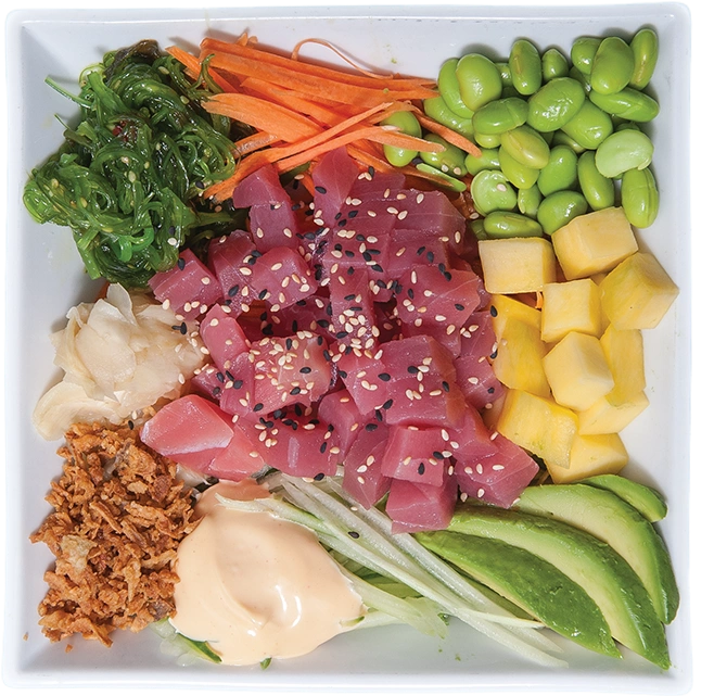 Pokébowl meny: Tonfisk, Serveras med chilimajonnäs. Botkyrka Strängnäs, Slagsta, Huddinge, Botkyrka, Flemingsberg