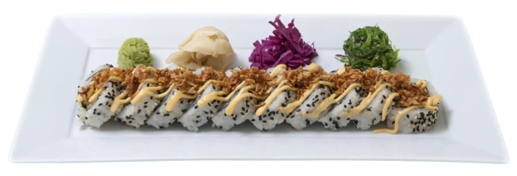 Sushi meny: Crispy tempura roll, Med friterad räka, avokado, gurka och rostad lök. Sushi Botkyrka, Sushi Huddinge, Sushi Slagsta, Sushi Strängnäs, Sushi Flemmingsberg.