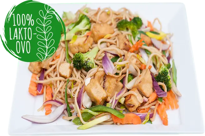 Lunch: Wokad tofu (lakto-ovo) med äggnudlar och grönsaker.