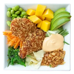 Pokébowl meny: Friterad kyckling Serveras med chilimajonnäs.