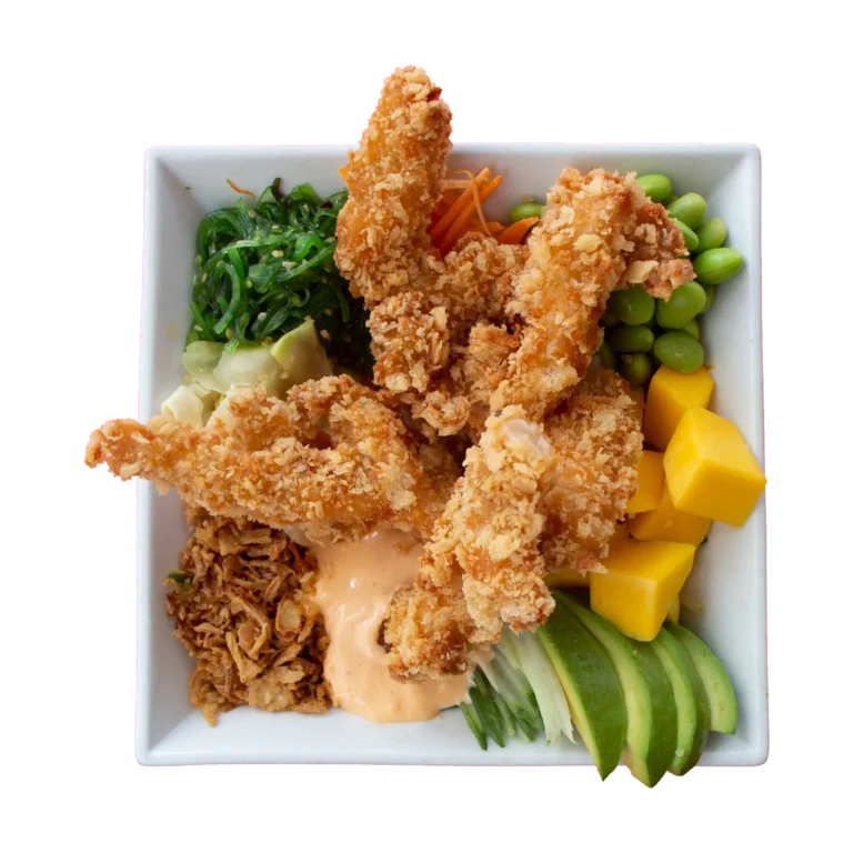 Pokébowl meny: Friterade jätteräkor Serveras med chilimajonnäs.